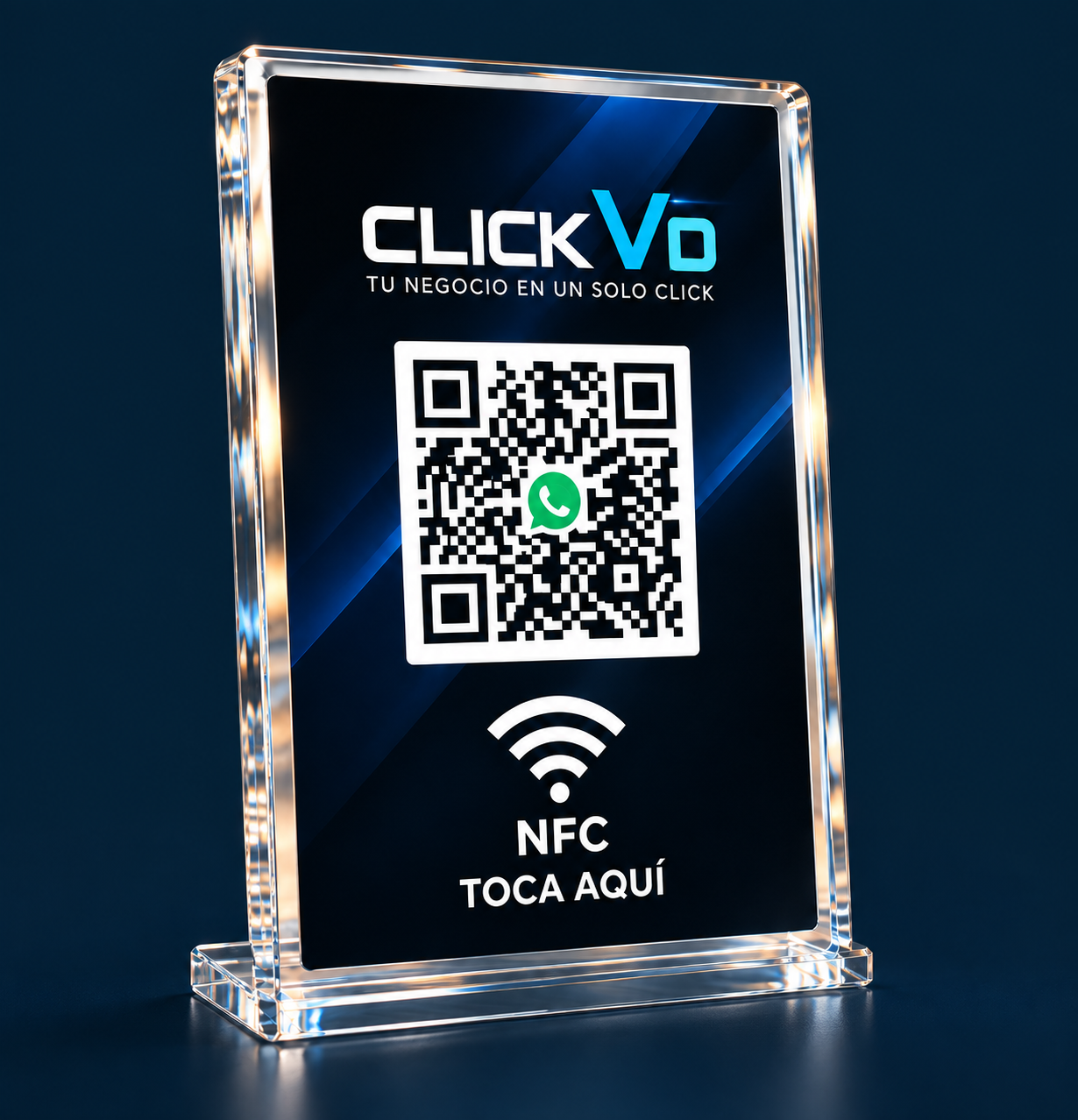 Display acrílico ClickVd con código QR y chip NFC